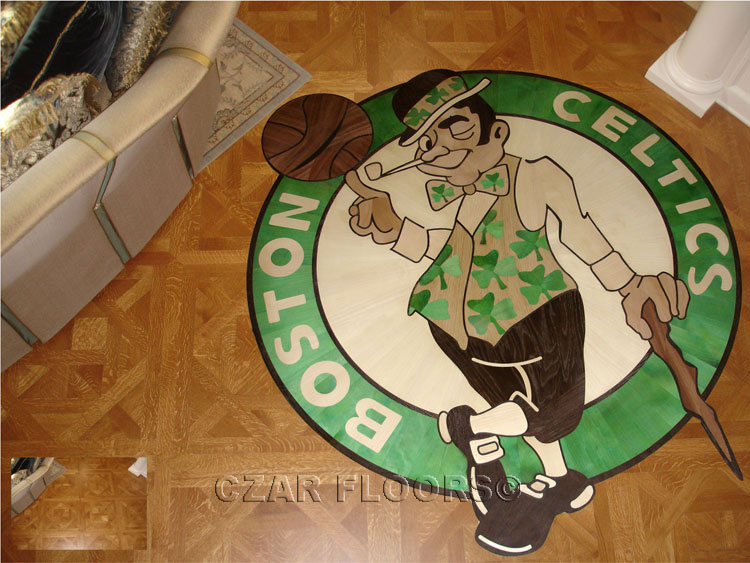 Custom Sport logo wood floor inlay example with colored woods Custom logo hardwood floor example