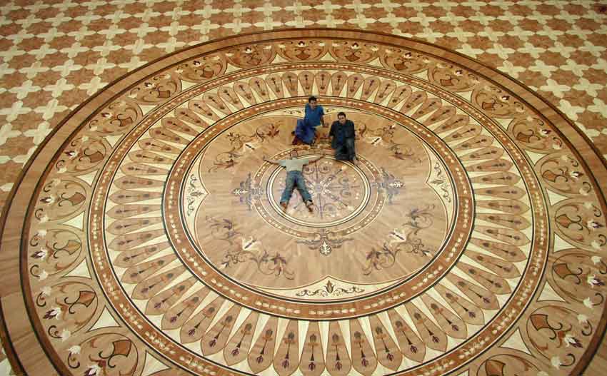 The largest wood floor medallion inlay built by Czar Floors. Custom hardwood parquet The largest wood floor medallion built by Czar Floors. Custom hardwood parquet
