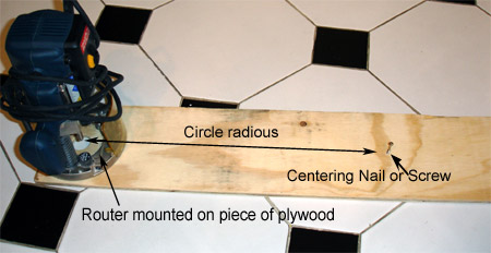 Router jig to cut circle holes for wood medallion installation. Pivot point method. Router jig to cut circle holes for wood medallion installation