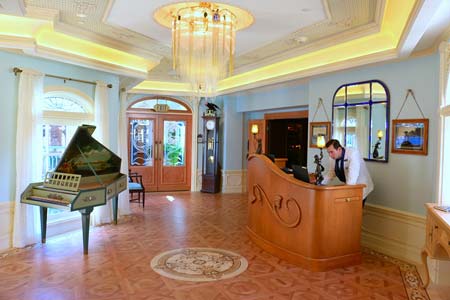 Disneyland Club 33 wood floors after renovation with parquet and medallion Disneylan Club 33 wood floors